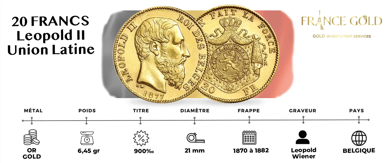 ACHAT VENTE OR 20 FRANCS LEOPOLD II UNOIN LATINE FRANCE GOLD